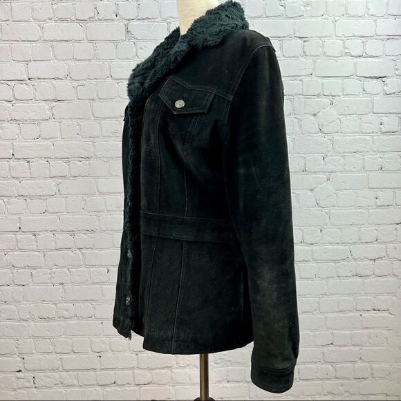 Vintage 90s Wilsons Leather Maxima Black Suede Sherpa Faux Fur Quilted Jacket - Picture 4 of 14